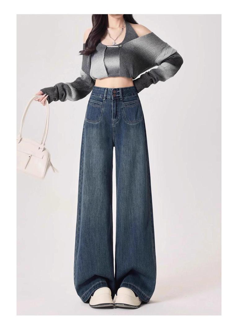 Women's Early Autumn Deep Blue Retro Wide-Leg High-Waisted Straight-Leg Jeans