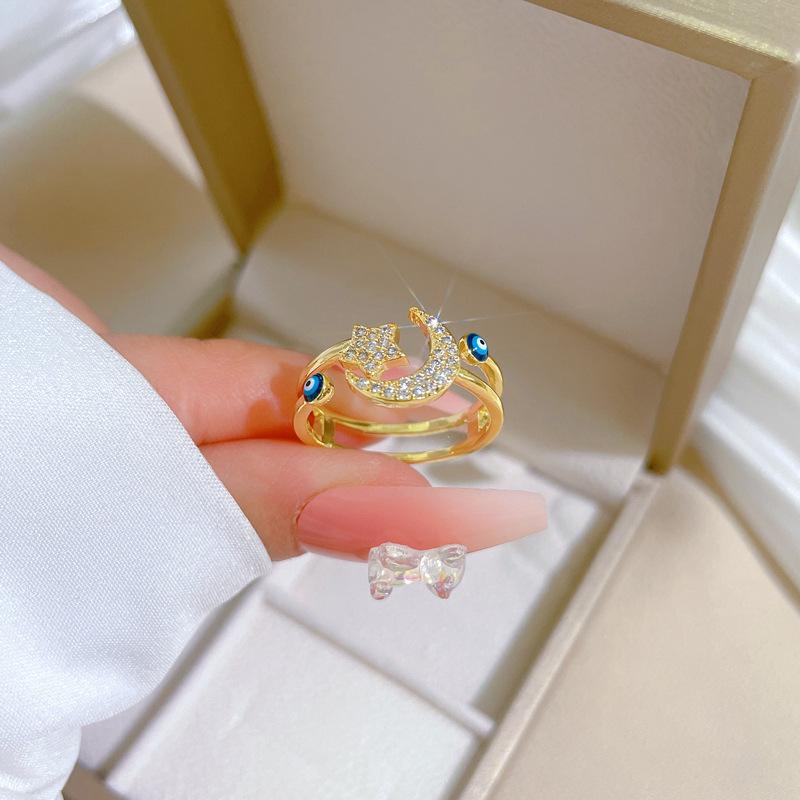 Real Gold Electroplated Opening Star Moon Fashion Slightly Inlaid Light Luxury Ring Index Finger Ring Same Cold Wind
