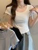 Irregular U-neck Short-sleeved T-shirt Women's New Korean Version Slim-fitting High-waisted and Thin Short Student Solid-color Top Trendy