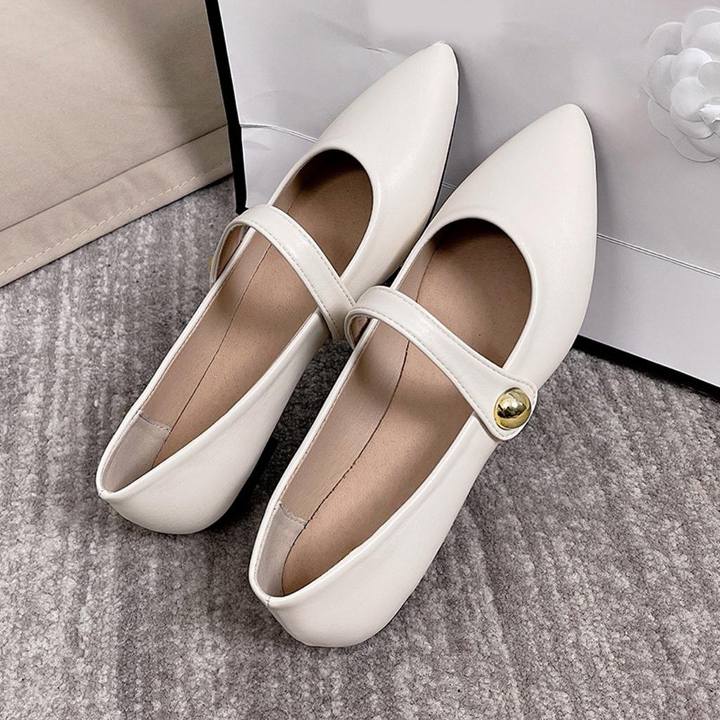 Pointed Toe Flat Shoes with Mary Jane Strap and Metallic Button Detail Slip On Design Comfortable Low Heel Casual Footwear for Women