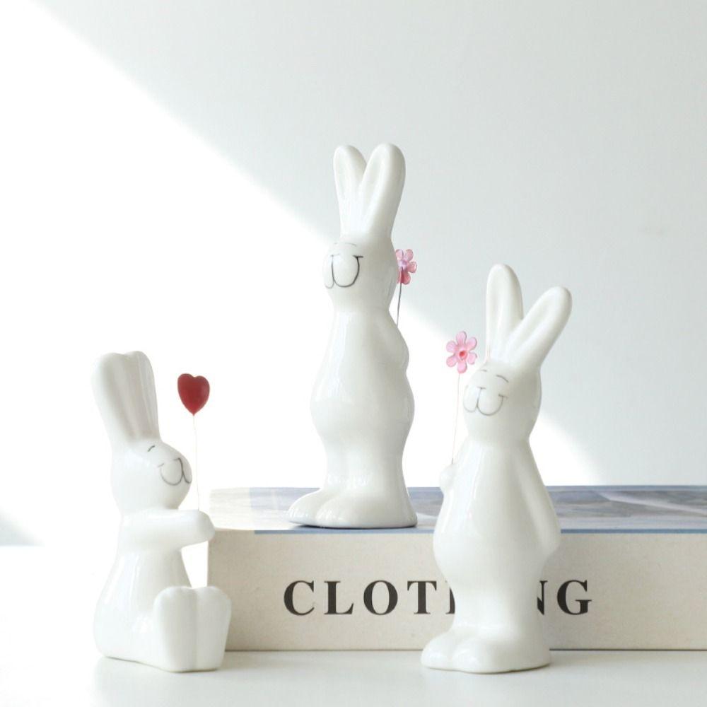 3pcs Ceramic Couple Rabbit Figurine Handicraft Bunny Statue White Rabbit Ornament Bedroom