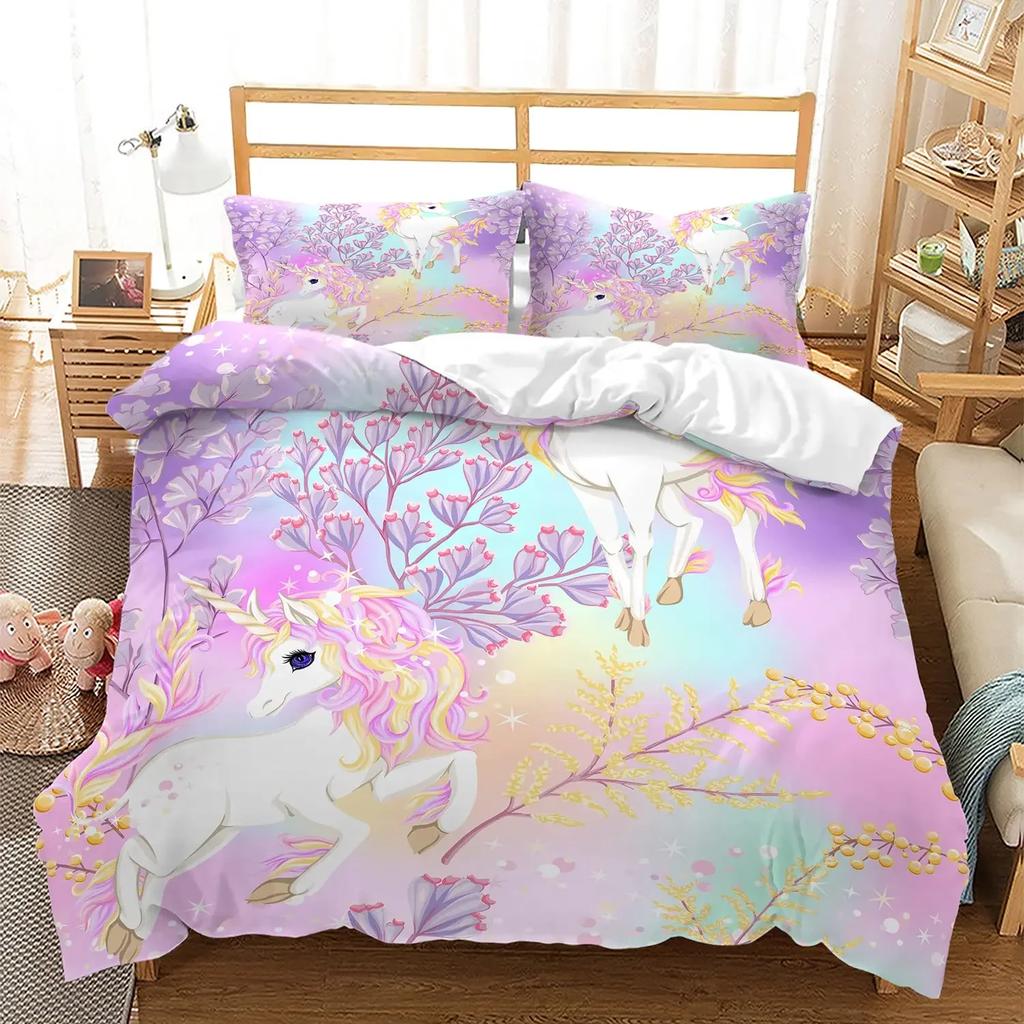 Unicorn Bedding Set Kids Purple Space Galaxy Duvet Cover Microfiber Quilt Cover Girly Cartoon Comforter Cover and 2 Pillowcases