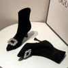 Boots high-heeled elastic socks thin-heeled rhinestone suede black thin boots increase height, pointed head shows long legs