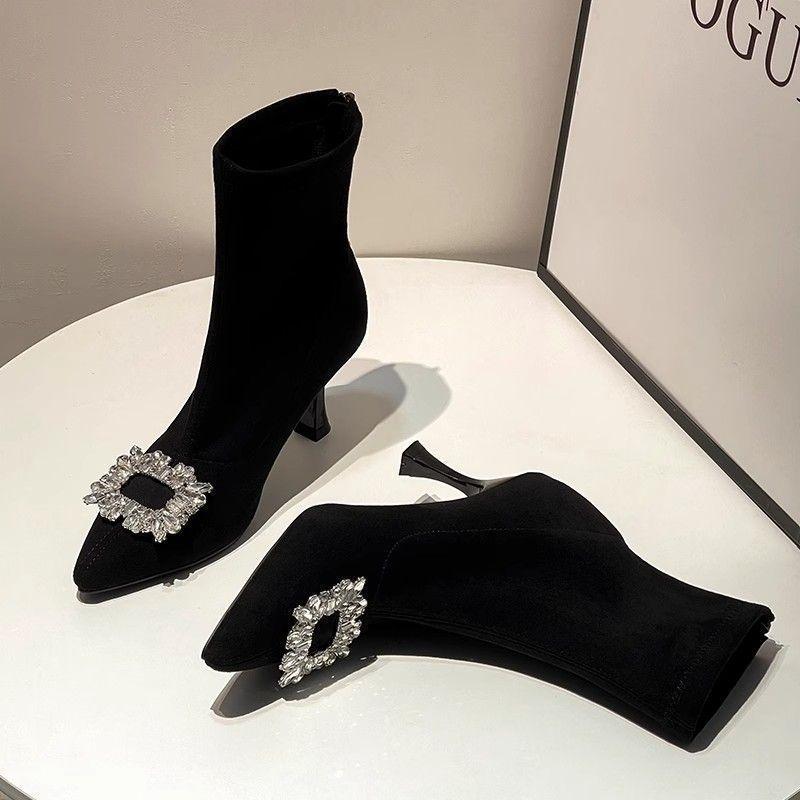 Boots high-heeled elastic socks thin-heeled rhinestone suede black thin boots increase height, pointed head shows long legs