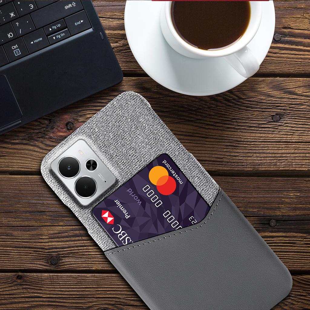 For Realme 14 5G Case PU Leather Cloth Texture Hard PC Phone Cover with Card Holder
