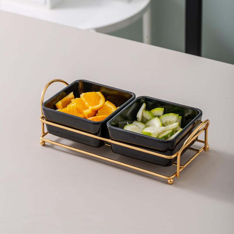 Melamine 2-Compartment Serving Dish Set with Golden Stands
