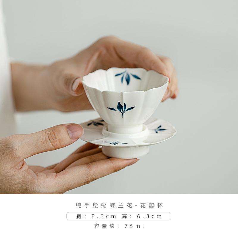 75ml Pure Hand-painted Butterfly Orchid Petal Teacup Zen Personal Cup and Saucer Set Kung Fu Tea Ceremony Supplies Collection