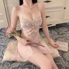 Hot backless women's pajamas deep V plus chest pad sweet mesh sexy velvet pajamas robe set C