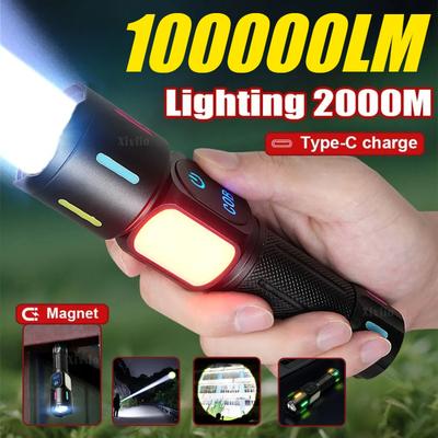 Newest Upgrade LED Flashlight With COB Light Long Shot 2000M USB Type-C Rechargeable LED Torch High Power Outdoor Flashlights