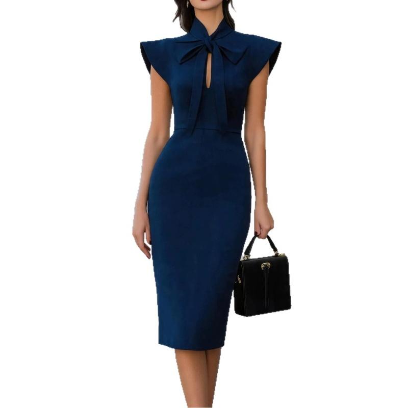 Women's Midi Dress Bow Tie Neck Cap Sleeve Bodycon Slim Fit Elegant Office Dress