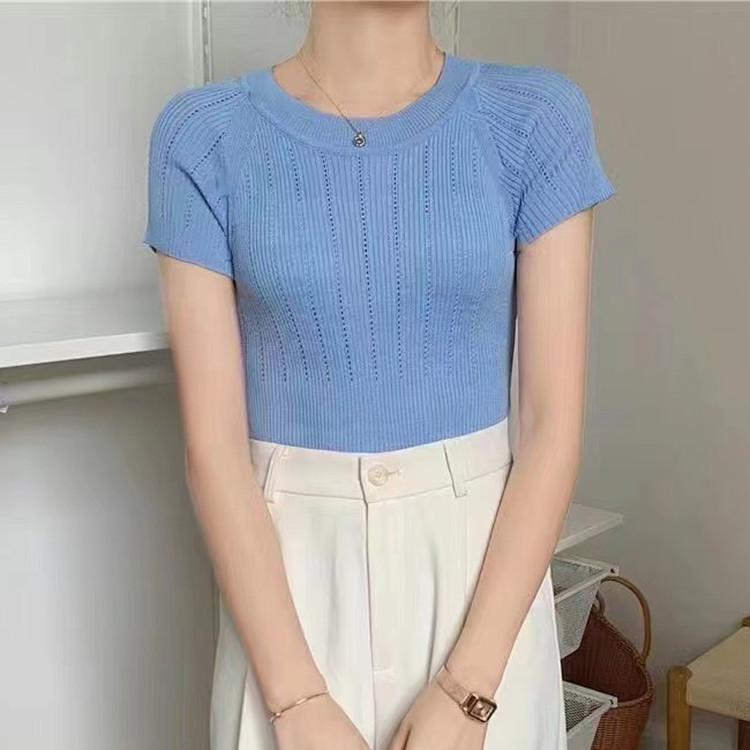 Ageing Round Neck Hollow Vertical Stripes Short-sleeved Knit Shirt Summer Simple Youth Thin Tops Women Casual Essential Slim Fit Pullovers Tees