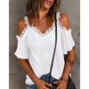 Elegant V-neck Sexy Lace Womens T Shirts Summer White Short Sleeve Tees Off Shoulder T Shirt 2023 Fashion Solid Lady Tops 26353