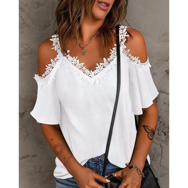 Elegant V-neck Sexy Lace Womens T Shirts Summer White Short Sleeve Tees Off Shoulder T Shirt 2023 Fashion Solid Lady Tops 26353