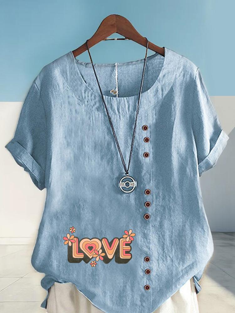 Women's Fashion Love Letters Print Casual Cotton Linen Short Sleeve Round Neck T-shirt Shirt Leisure Loose Summer Blouse Tops