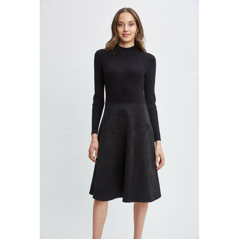 

American Style ~ Ta * Black round Neck Knitted Long-Sleeved Dress Silm Splicing Style Black M