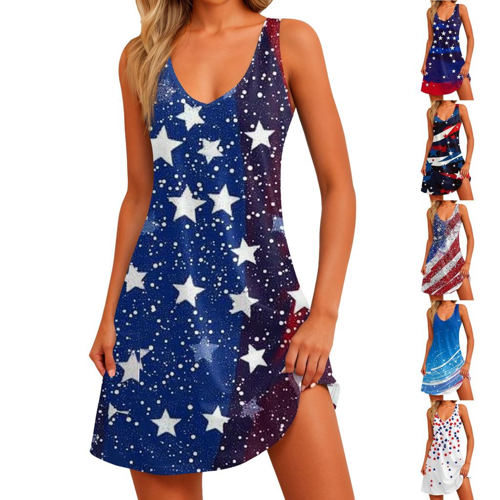 Women's Casual Print Summer Bohemian Beach Dress With Pockets V Neck Tank Dress