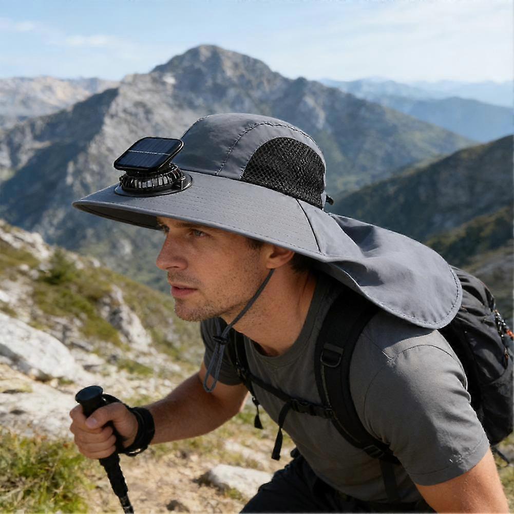 Solar Charging Fan Hat Wide Brim Breathable Mesh Fishing Outdoor