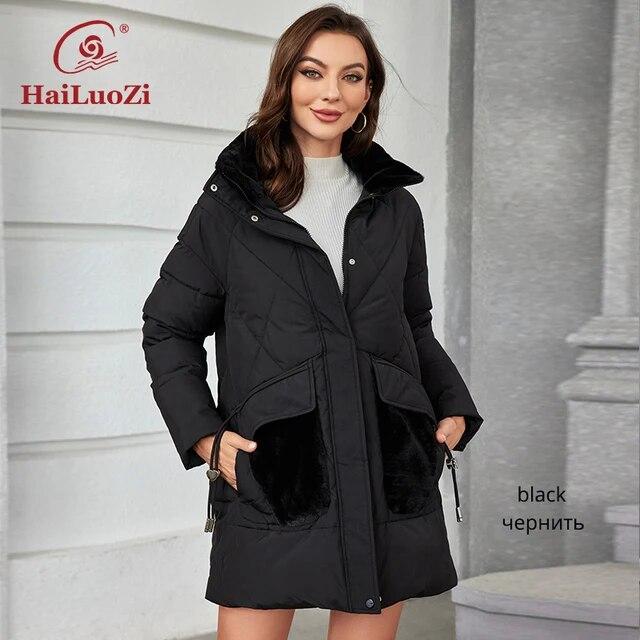 HaiLuoZi 2023 New Women Winter Jacket Short Warm Female Outwear Hooded Side Pockets With Fur Solid Color Women's Coat 1155
