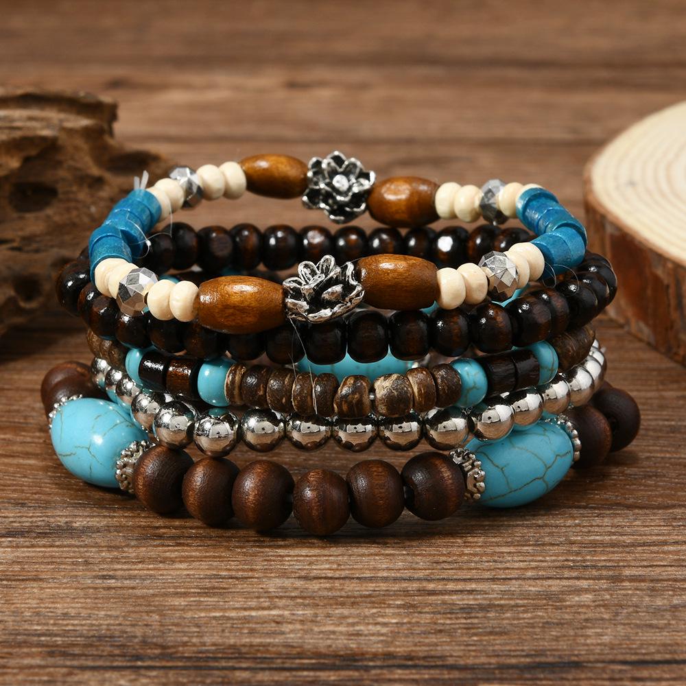Turquoise Beaded Multi-layer Elastic Cord Wooden Bead Bracelet Set for Women