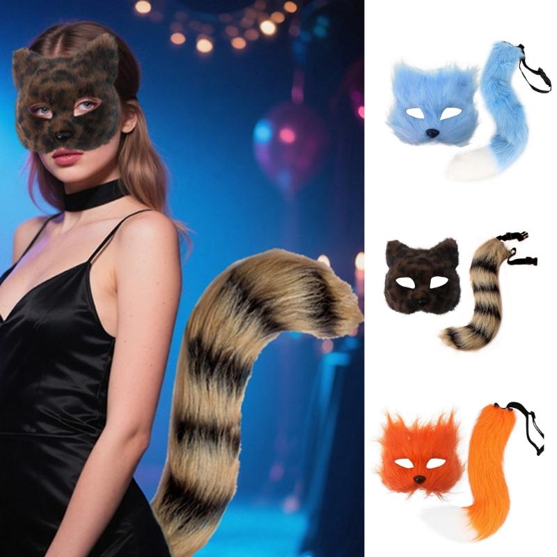 Foxes Costumes Cosplay Foxes Mask Cats Half Face Mask Foxes Tail Set Halloween Animal Fancy Costume Accessories Kit