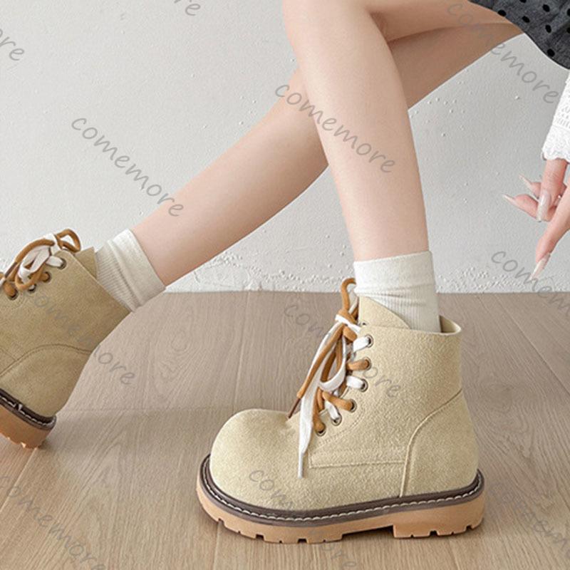 Fashion Comemore Retro Flache Stiefel für Damen Wildleder Schnürung Mode 2025 Herbstschuhe Goth Uni Chelsea Runde Zehe Damen Stiefeletten