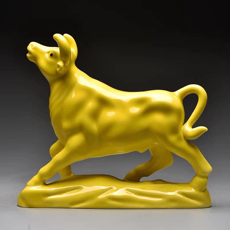 Earthy Yellow Ceramic Zodiac Ox Figurine: Soaring Spirit Auspicious Mascot for Home Relaxation