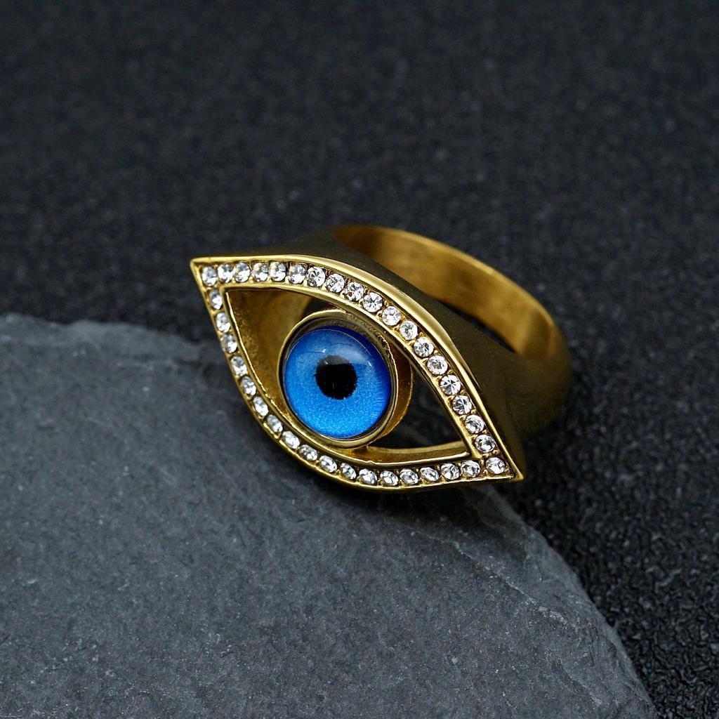 Ring gold plated diamond blue angel eyes hip hop ring
