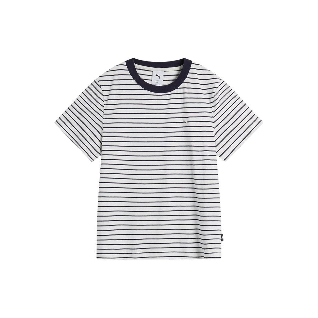 Puma Navy Pack Striped Design Vintage Casual Round Neck Short Sleeve T-Shirt Women Tops Navy-Blue 627732-59