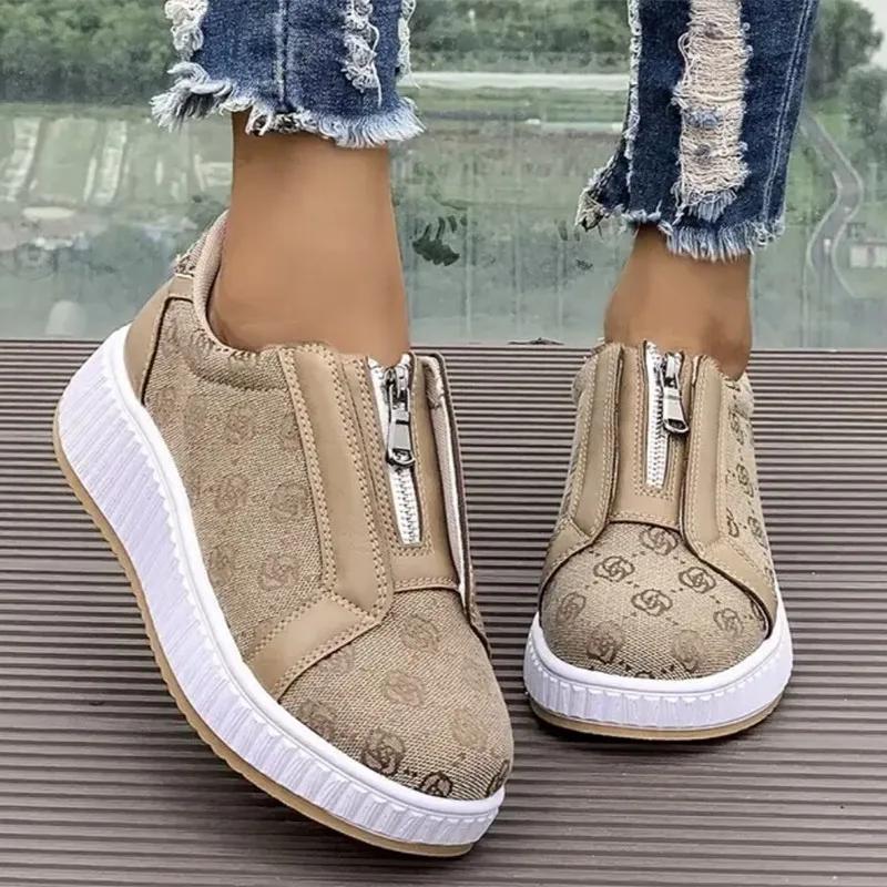 Embroidered Flowers Platform Sneakers Women Front Zipper Thick Sole Vulcanized Shoes Woman Brand Design Fashion Chunky Sneakers