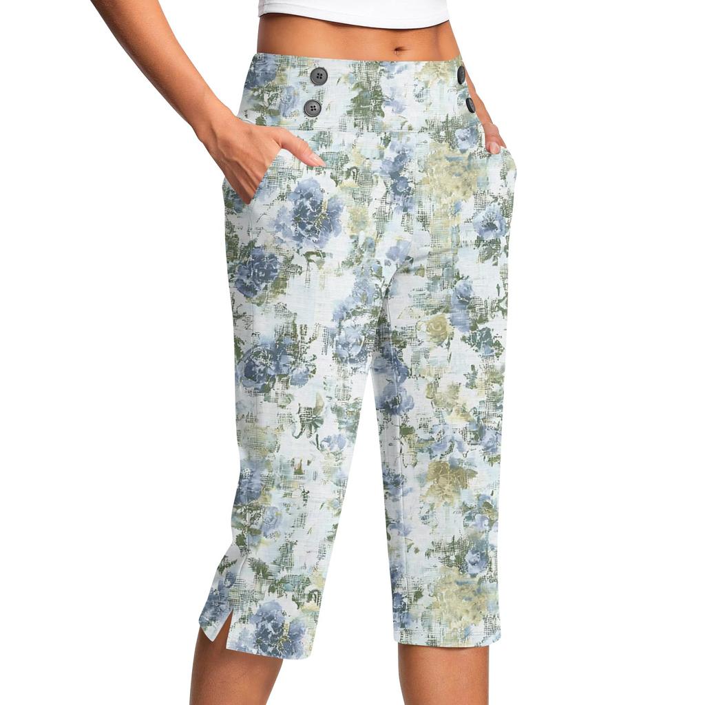 Damen Vintage Floral Print Knopf Tasche Hose Schlitz Hohe Taille Sport Yoga Freizeit Hose