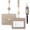 boshiho Name Tag Case, Neck Hanging, Stylish, Horizontal, Double-Sided, Reel, Pen Holder, Neck Strap Included, Genuine Leather, ID Card Holder
