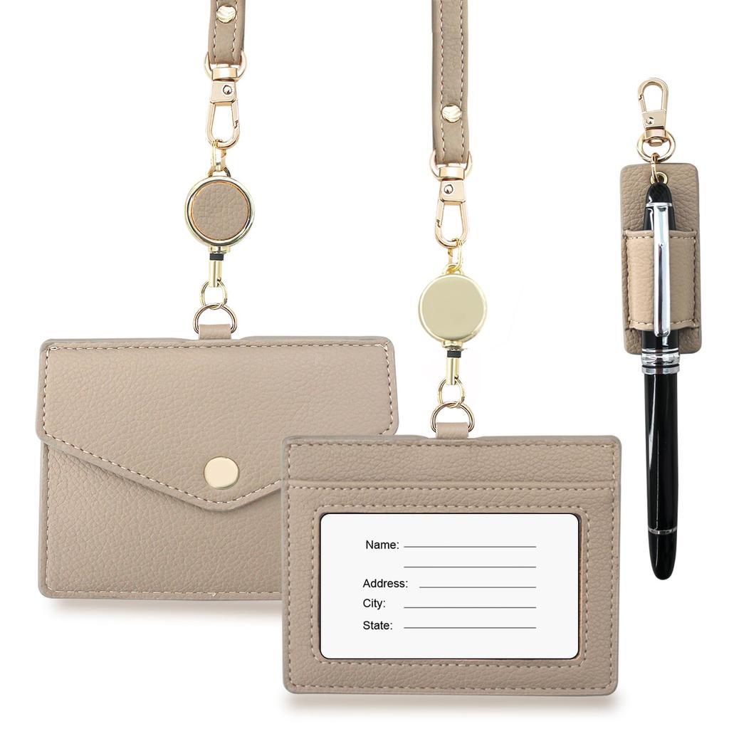 boshiho Name Tag Case, Neck Hanging, Stylish, Horizontal, Double-Sided, Reel, Pen Holder, Neck Strap Included, Genuine Leather, ID Card Holder