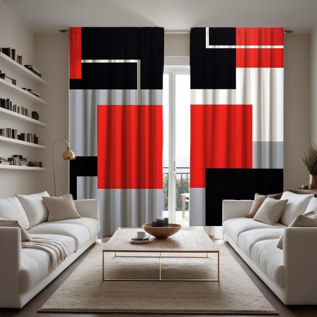 2 Bucăți HD Digital Bloc de Culoare Roșu Geometric Minimalist Perdele Stil Decorare Casă Decorare Living Dormitor Cu Inele