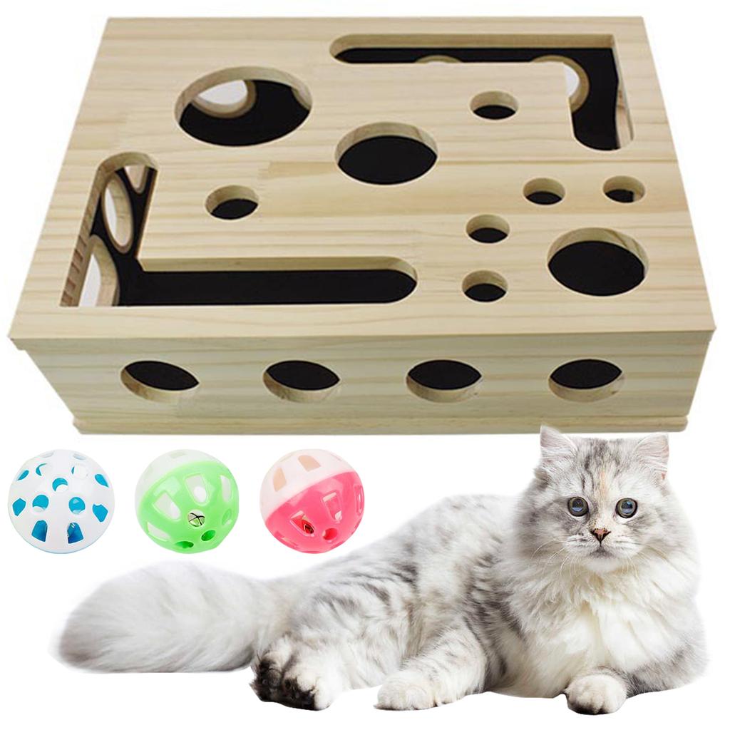 Interactive Wooden Cat Puzzle Toy with 3 Balls Tunnel Bell Ball Indoor Hunting Entertainment Play Toy for Kittens Training Box