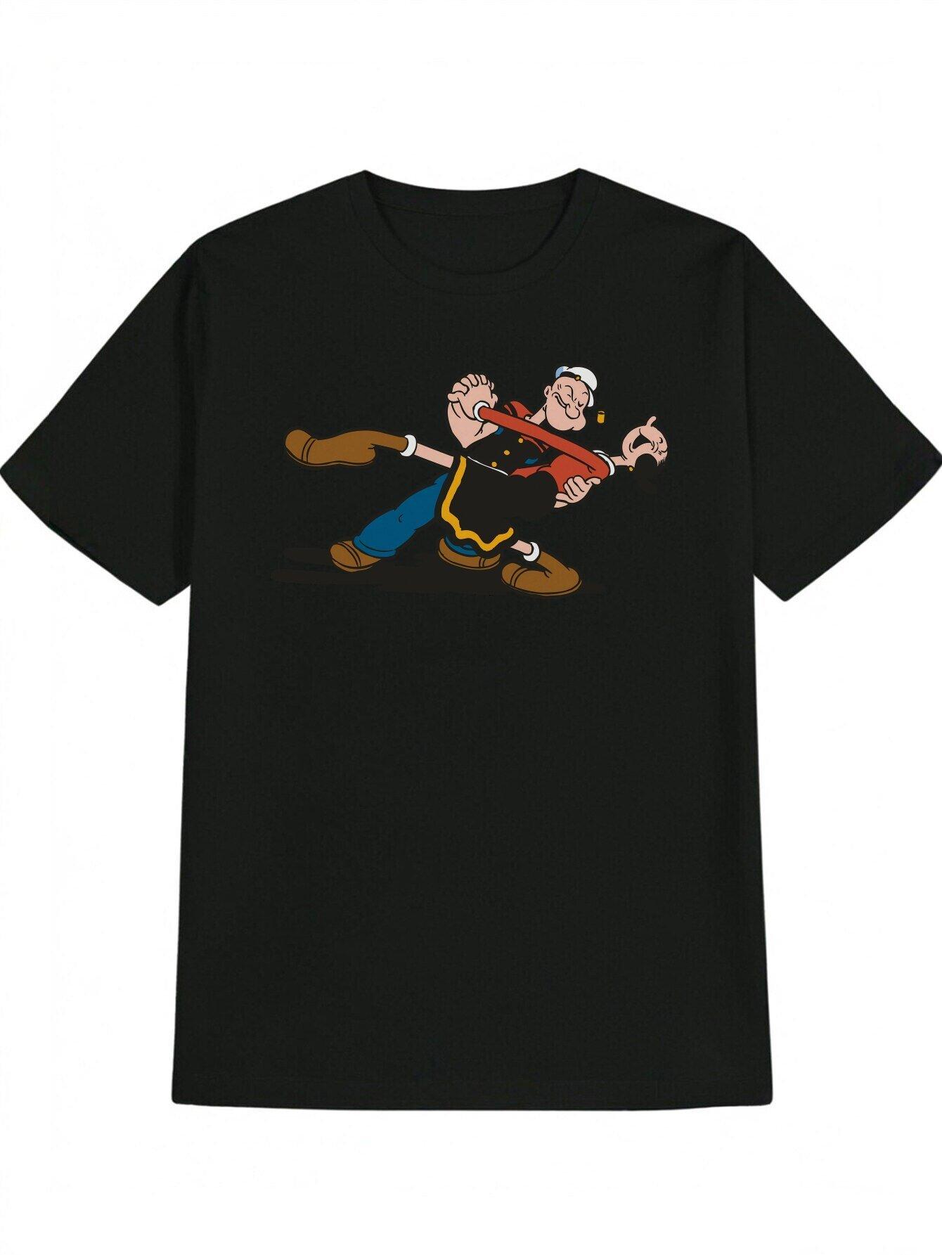 [Playful] Casual Crew Neck T-shirt with Popeye Cartoon Print - Black Polyester Summer Tee S