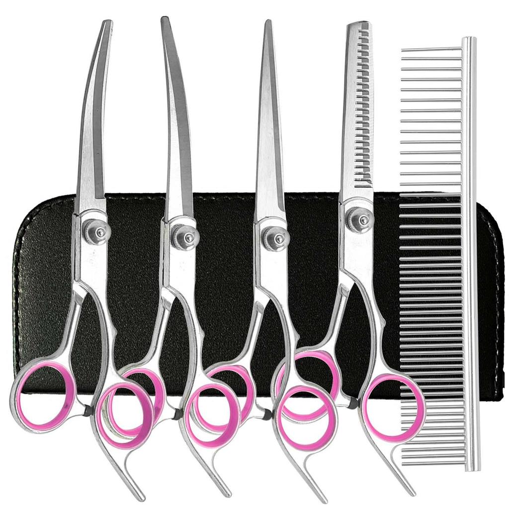 Portable Pet Grooming Scissor Set: Flat & Curved Hairdressing Tools