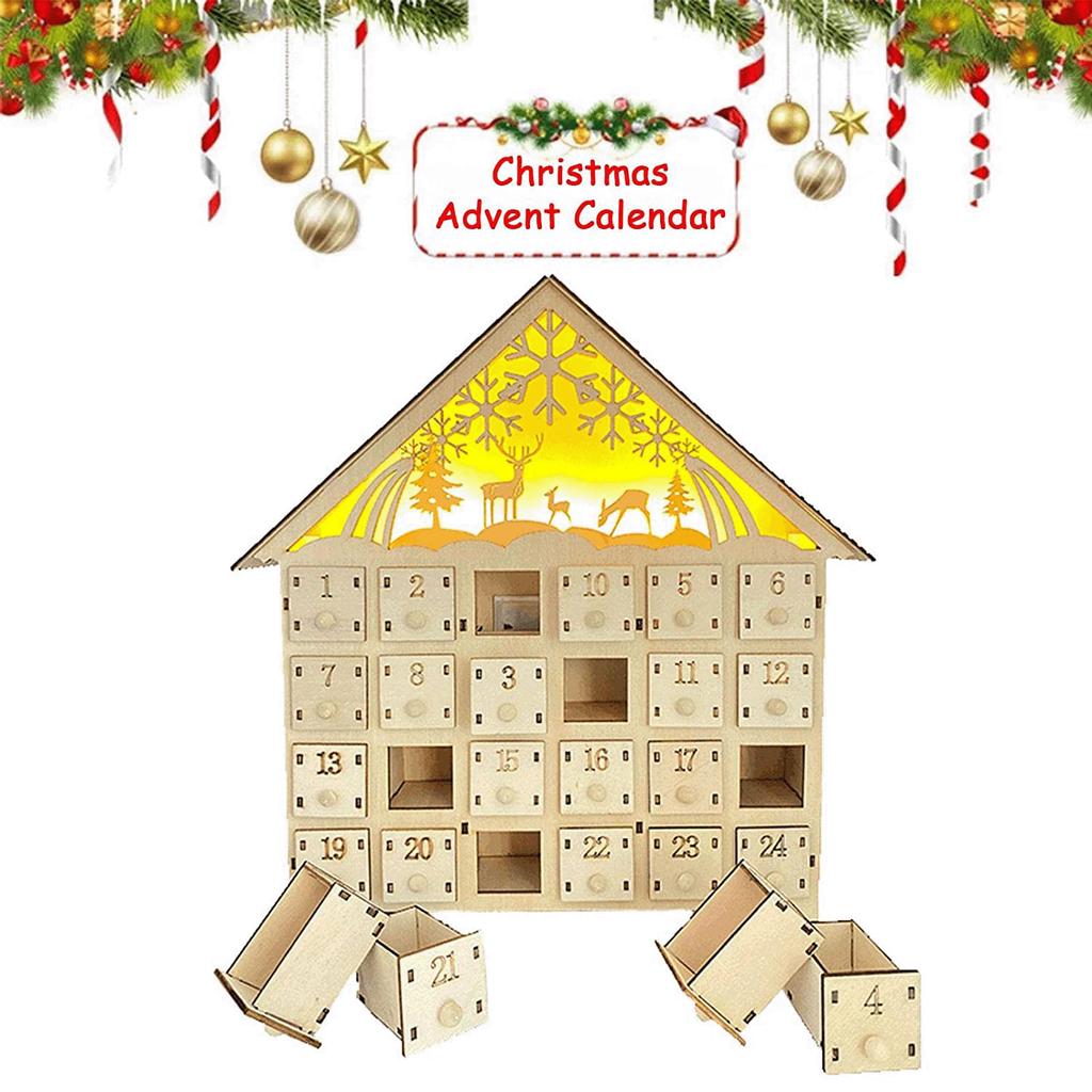 Wood Christmas Advent Calendars House LED Lights 24 Days Countdown Storage Organization Figurines Room Home Christmas Decoration