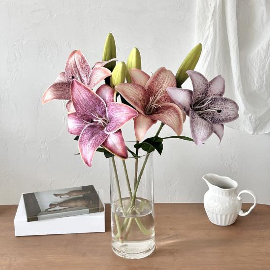 20inch Artificial Lily Flower Fake Real Touch Lily with 2 Heads Blooms 2 Buds for Home Office Decor Wedding Party Spring Table