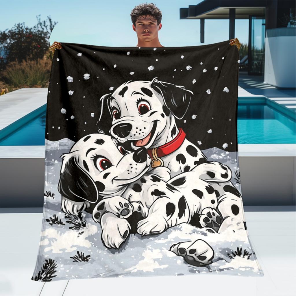 Newest Winter Snow Two Dalmatian Puppies Print Flannel Throw Blanket, Soft Cute Pet Dog Blanket for Sofa Bedroom Home Decor