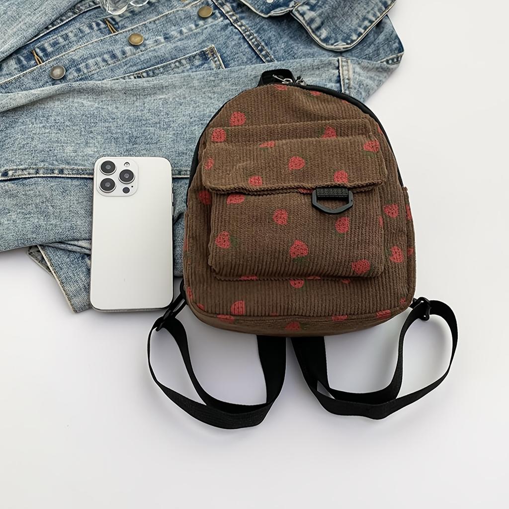 Sac à dos décontracté à la mode - Mini sac à bandoulière double en velours côtelé avec fermeture éclair, poche utilitaire, motif fruits