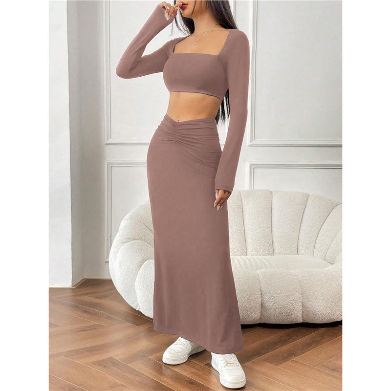 

Autumn/Winter Cross-Border Women s Solid Color Square Neck Cropped Top & Fishtail Skirt Set S рожевий
