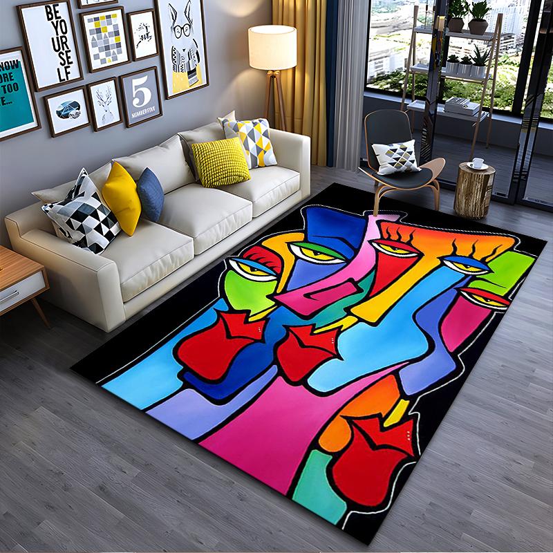 Abstract Multicolor Faces Art Rug - Non-slip rug suitable for living room and bedroom sofas.