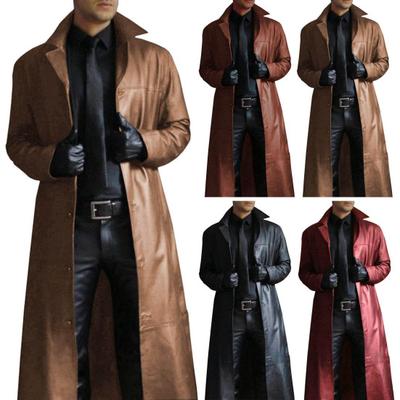 Herren Jacke Anzugkragen Langarm Einreihig Kunstlederjacke Extralang Windbreaker Slim Fit Herren Oberbekleidung