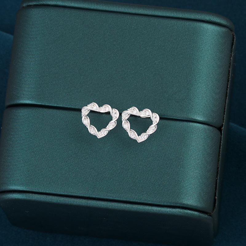 Sterling Silver Twisted Heart Stud Earrings: Elegant, Simple, Rhinestone Inlaid, Hollow Design, Versatile for Women, Comfortable for Ear Piercing. 925 Silver
