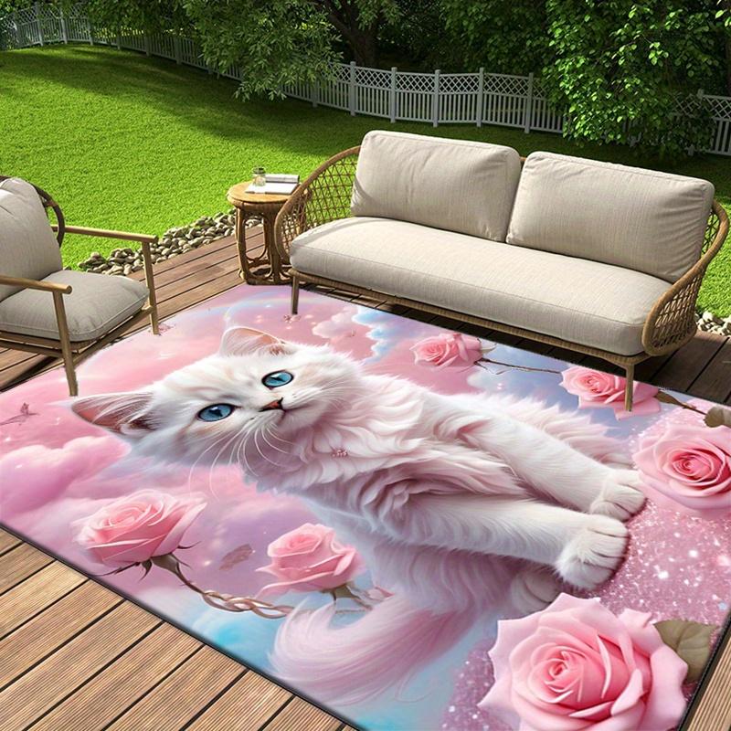 Pink Rose Cat Rug Soft WhiteFeline with Romantic Roses for Romantic Décor Pet Lover Gifts Anti slip carpet can be machine washed