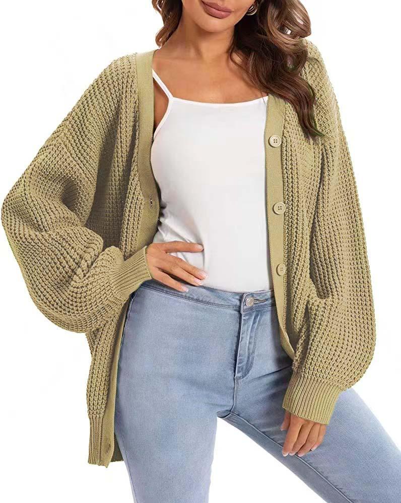 Women's V-Neck Lantern Sleeve Knitted Cardigan Sweater Coat - Single-Breasted Lazy Style