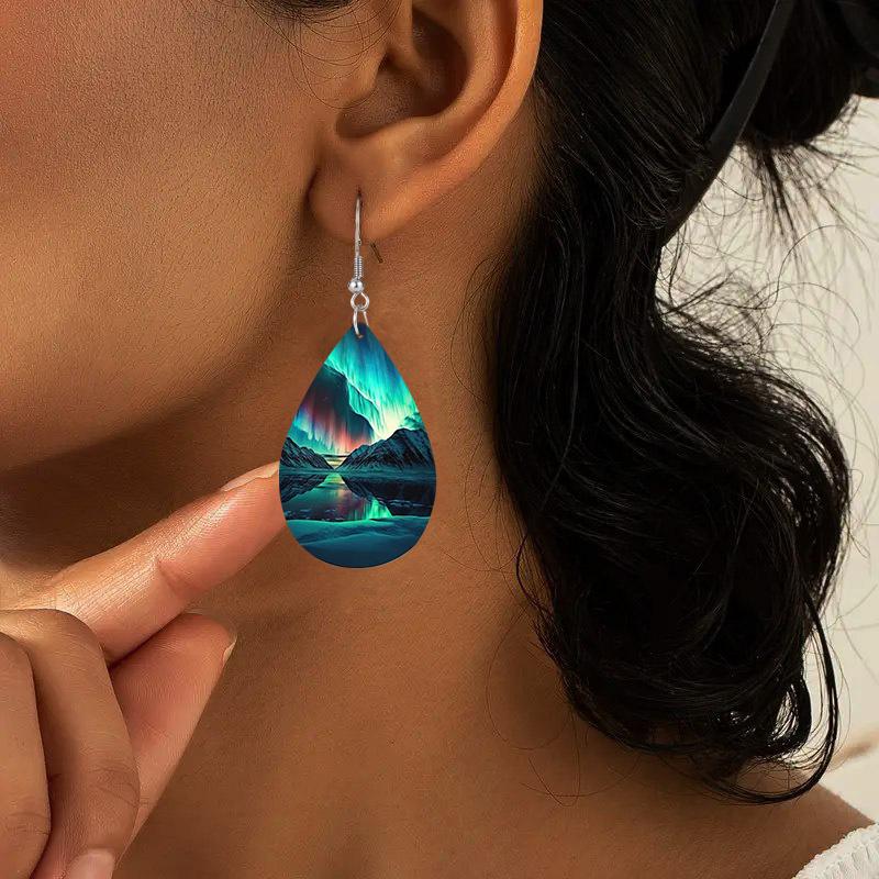 Boho Style Aurora Borealis Teardrop Earrings, Blue-Green PU Leather Earrings, Fashion Earrings, Elegant Earrings Party Earrings