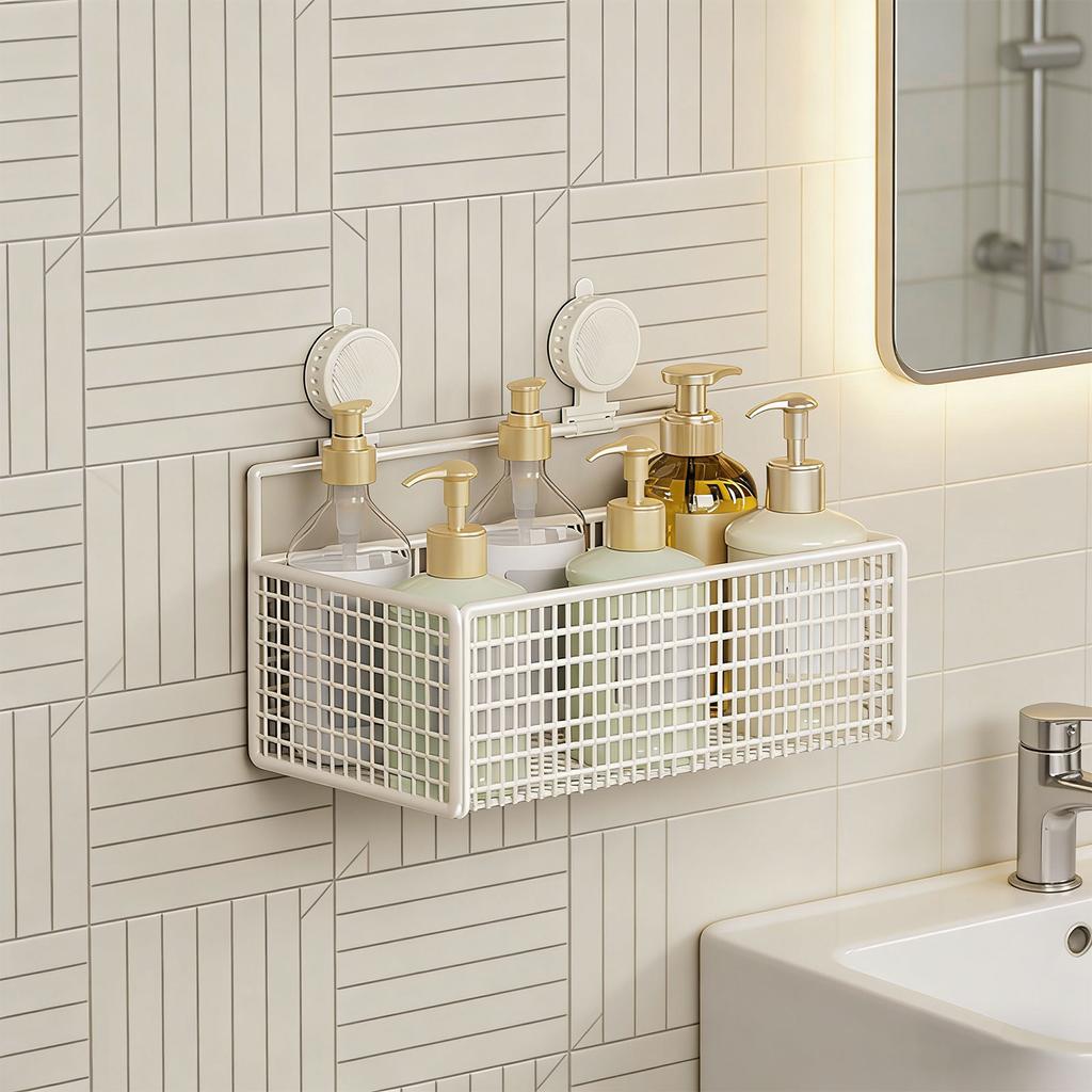 Long Permanent Metal Suction Shelf For Bathroom Counter Featuring Roomy Basket Simple Arrange 15cm Deep