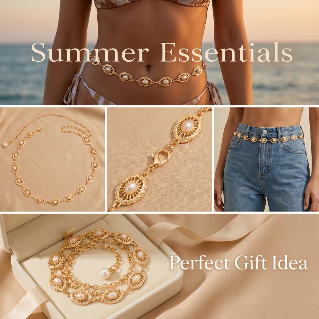 Vintage Gold Color Waist Chain for Women Elegant Hollow Oval Imitation Pearl Link Belly Chain Girl Beach Party Versatile Jewelry