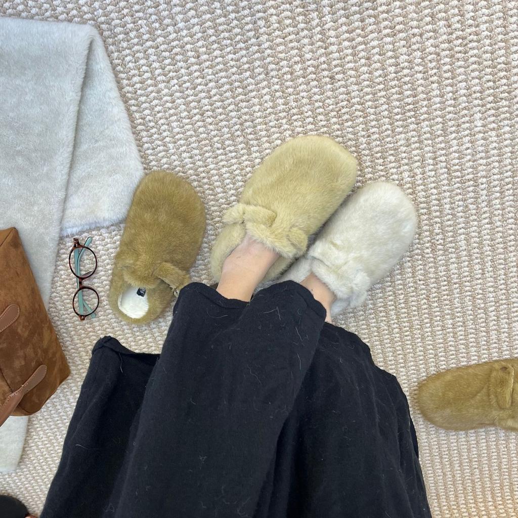 2025 winter new round head with velvet warm cotton shoes versatile Mary Jane thick-soled commuting fluffy women's half-drag